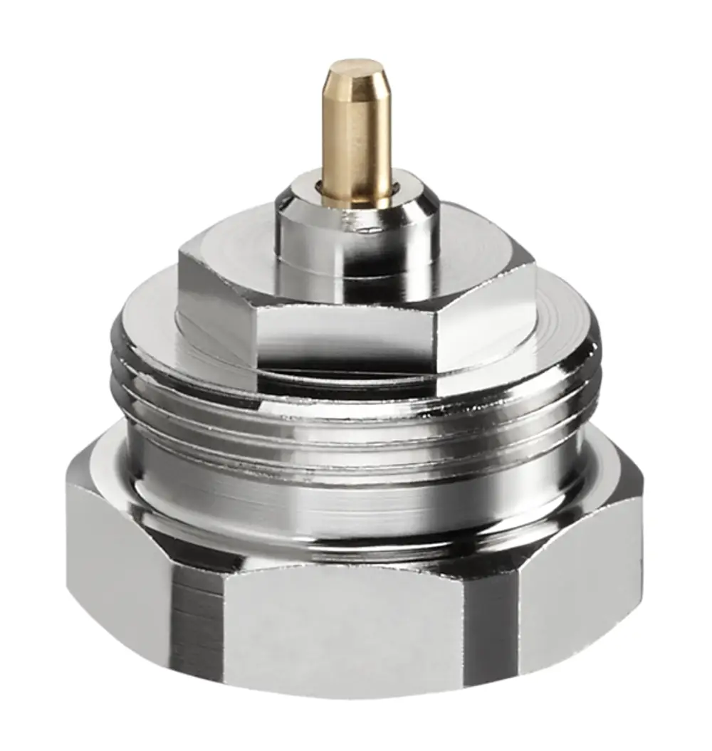 Adapter von Oventrop mit glänzender Oberflächenbeschaffenheit und einem zentralen, dünnen Pin. Das Gewinde wirkt robust und ist für die Umrüstung geeignet.